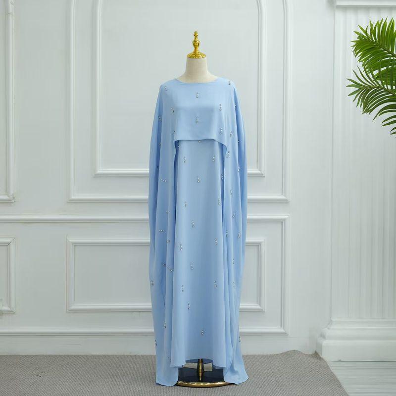 

Middle East Turkey New Fashion Solid Beads Robe Dress Two-Piece Robe and Dress Set Blue XL