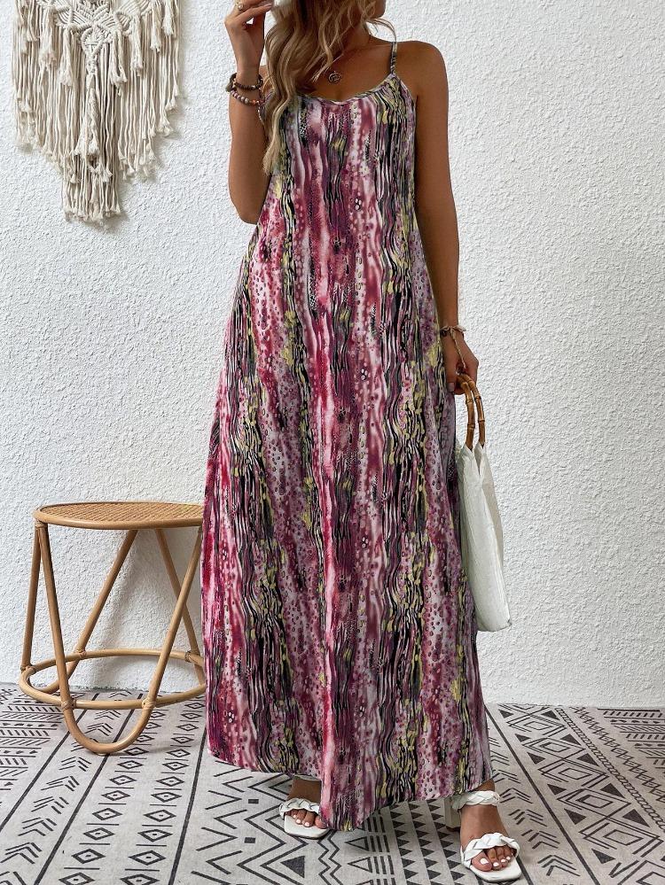 Spring Summer Women Fashion European American Style Printed Suspender Dress