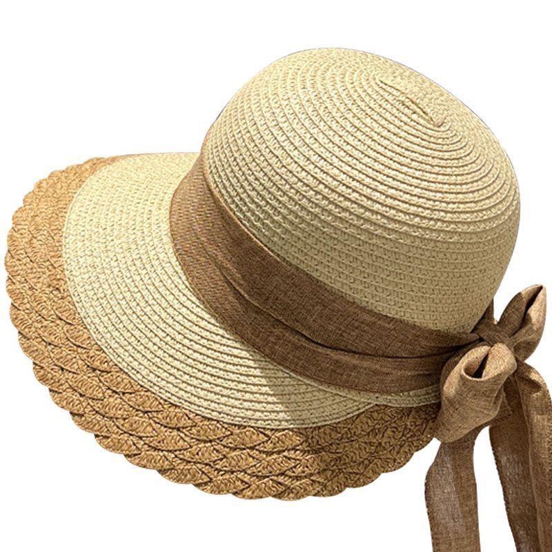 Spring and Summer Eaves Lace Satin Bow Fisherman Hat Children Simple Travel Sunscreen Sunshade Straw Sun Hat