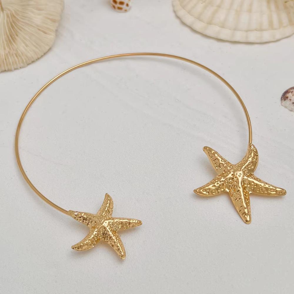 Gold Color Open Torque Necklace Metal Choker Necklace Starfish Shell Pendant Necklace  Beach