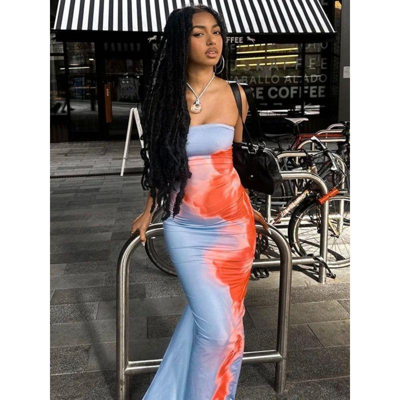 Women's Printed Strapless Split Hip Dress Floral Print Slit Sheath Dress