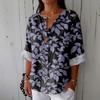 Women's Fashionable Casual V-neck Button Seven Quarter Sleeve Printed Cotton And Linen Top