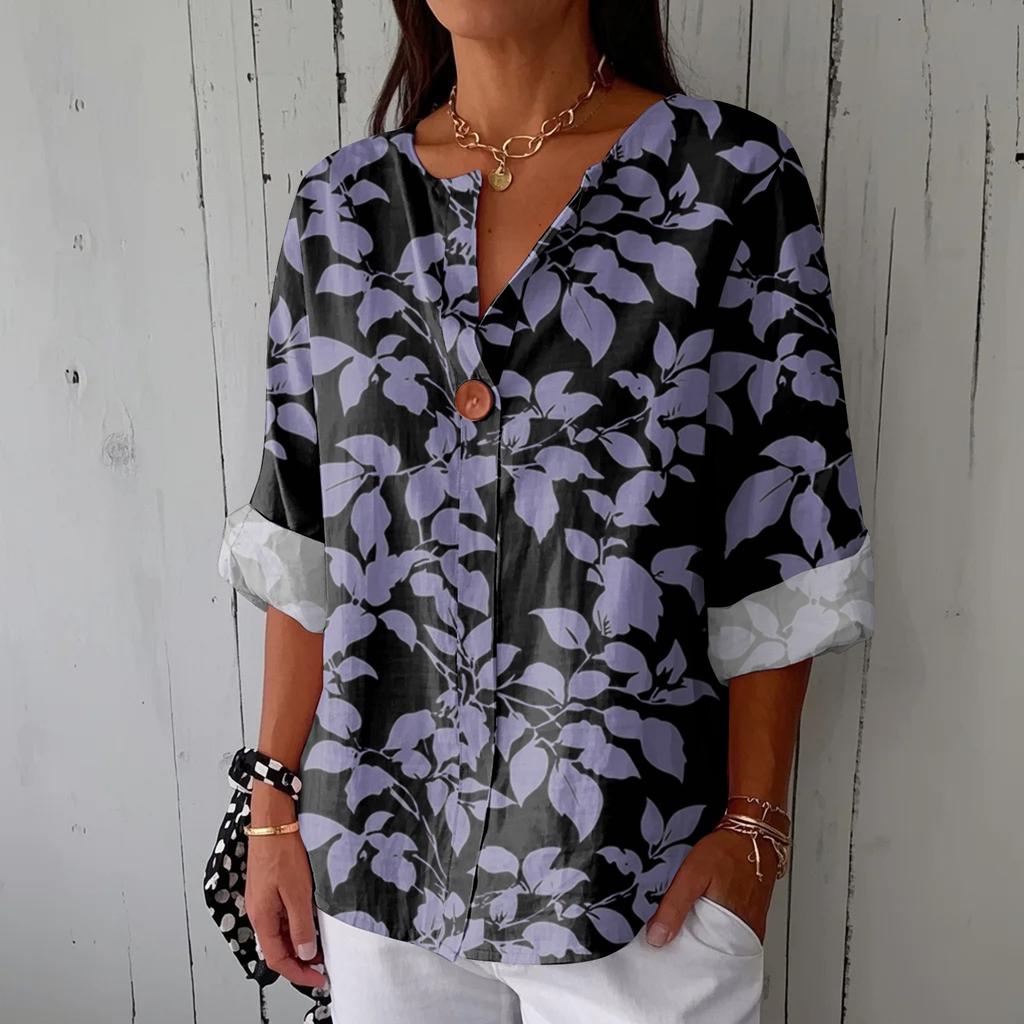 Women's Fashionable Casual V-neck Button Seven Quarter Sleeve Printed Cotton And Linen Top