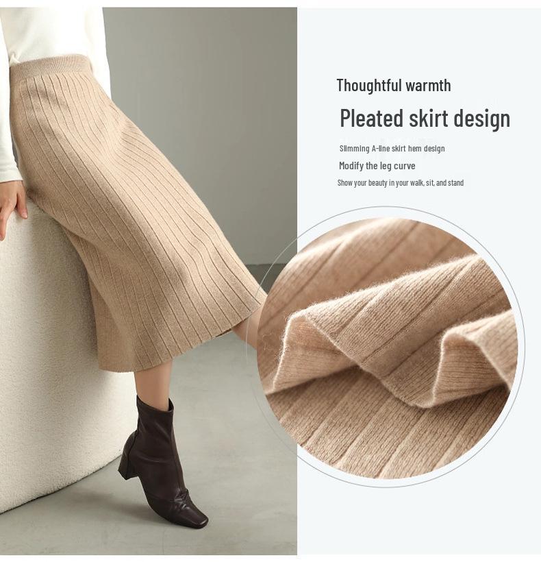 Women's Slim Fit Vertical Stripe Wool Midi Skirt - Versatile Cashmere Knit