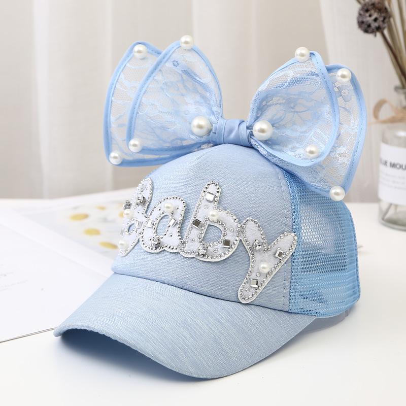 Children Big Bow cartoon Baseball Cap Cute Girls Pearl Snapback caps Sun Caps Mesh Rabbit Ear UV Protection Summer Hats boy