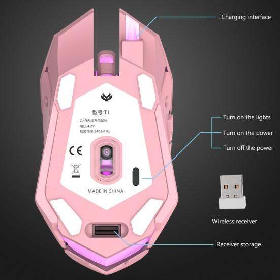 Mouse Ottico Wireless Ricaricabile USB T1 Ergonomico 2.4G Silenzioso Retroilluminato per Gaming