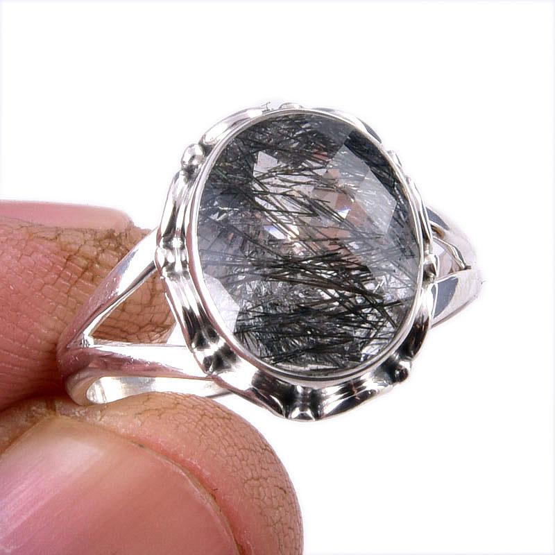 

Natural Black Rutile Gemstone 925 Solid Sterling Silver Jewelry Ring S.8.5 w3C76