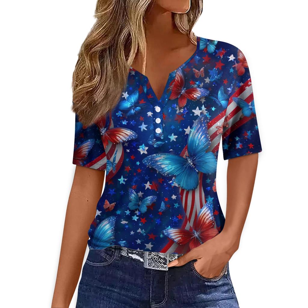 Women's T Shirt Tee Print Button Short Sleeve Daily Weekend Fashion Basic V- Neck Regular Top