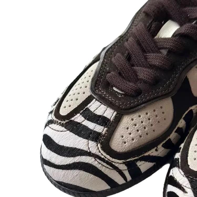 Sheepskin Version~ Zebra Pattern Niche Suede German Training Women's Round Head Lace-up Flat Bottom Color Matching Casual Sports Forrest Gump Shoes