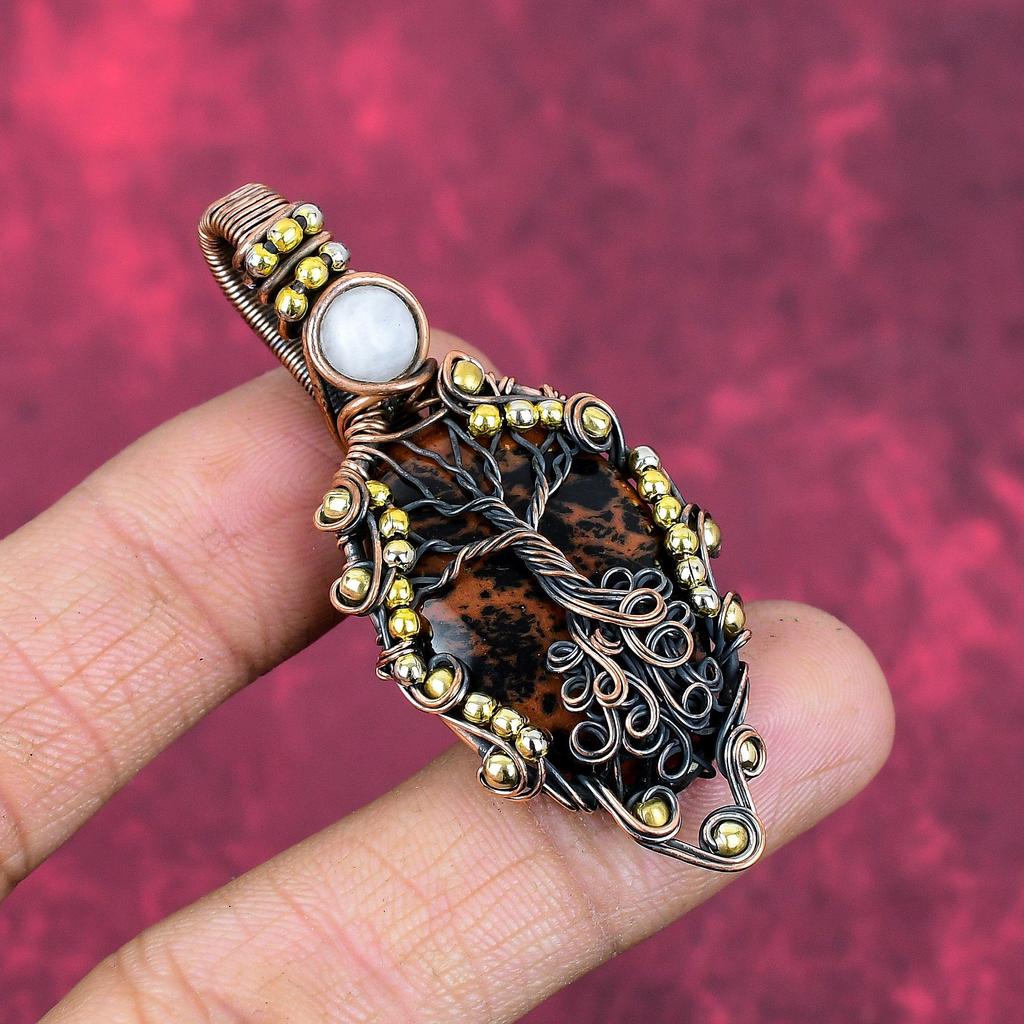 Tree of Life Mahogany Obsidian Pendant Copper Wire Wrapped Gemstone Jewelry Moonstone Pendant Handmade Wire Wrapped Pendant Gifts for Mother