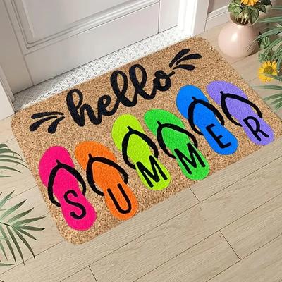 Summer Welcome Mat Brown Hello Design Colorful Slipper Pattern Non Slip Doormat for Entrance Home Decor Seasonal Decor