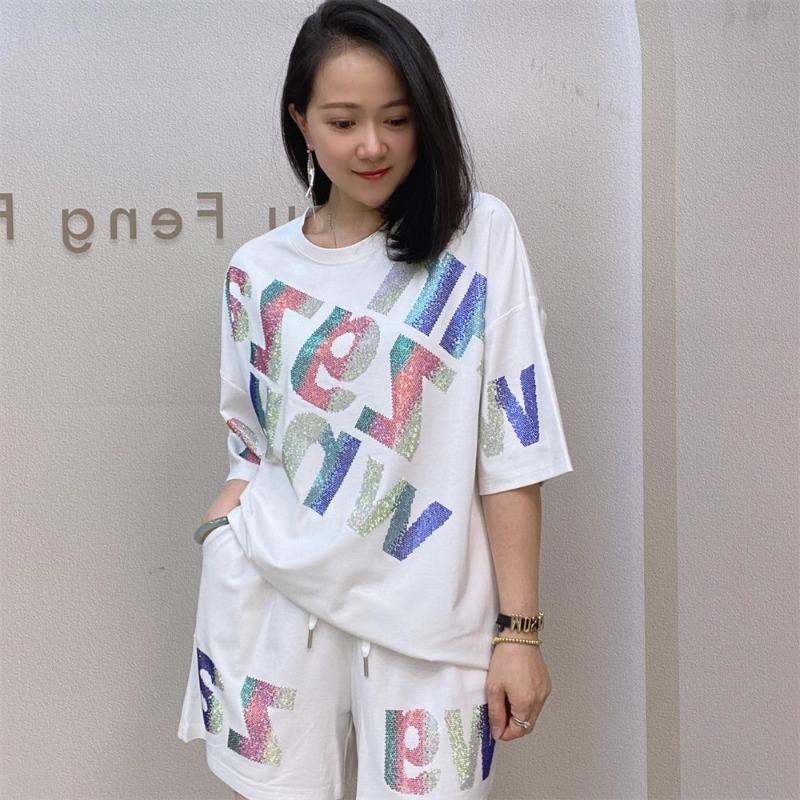 Women's Summer Short-sleeved T-shirt Shorts Casual Suit Hot Drill Wide-legged Trousers Two-piece Set
