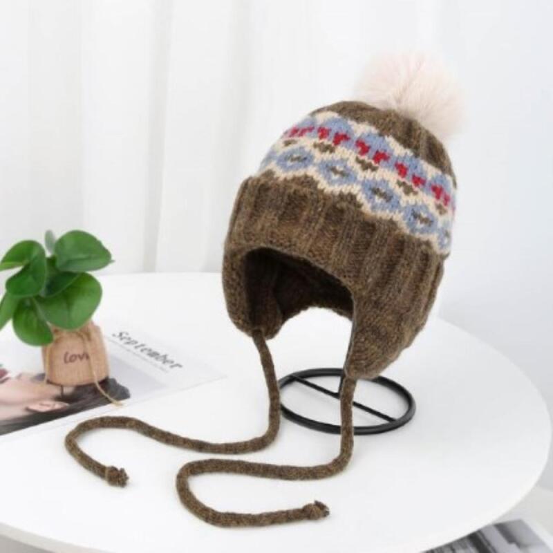 Women s Nordic Fur Ball Strap Earmuff Winter Hat 04. Oatmeal