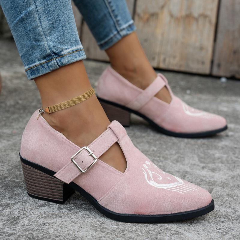 Large Size Pointed Single Shoes Autumn New European and American Light Mouth Thick Heel Embroidered Single Shoes