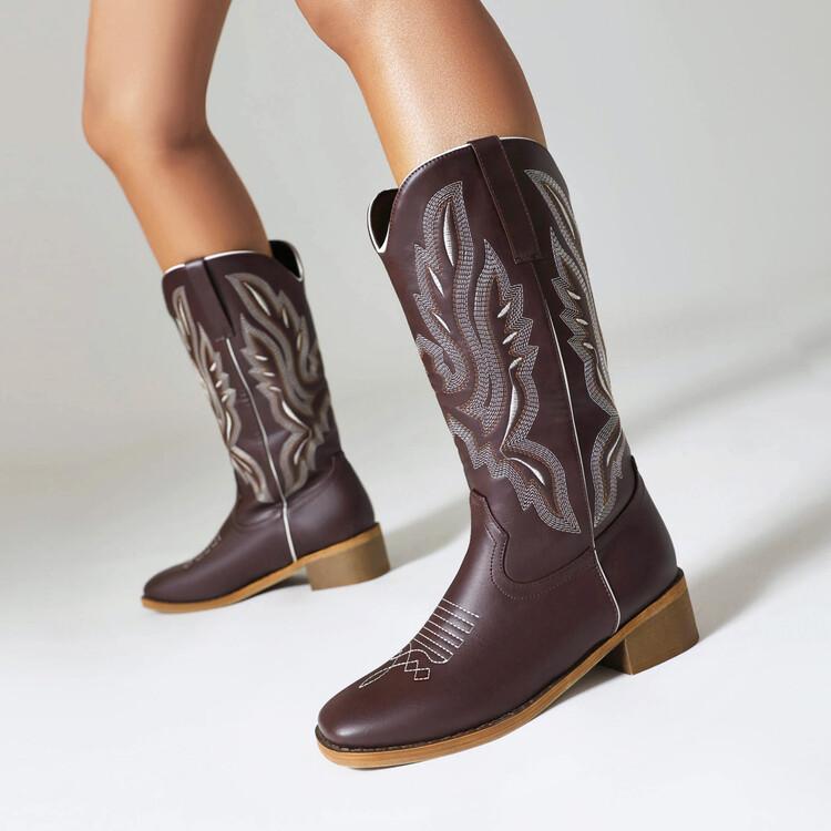 Western Cowboy Boots Men's Boots Winter Embroidery V-Mouth Knight Boots Square Head Medium Boots Women's