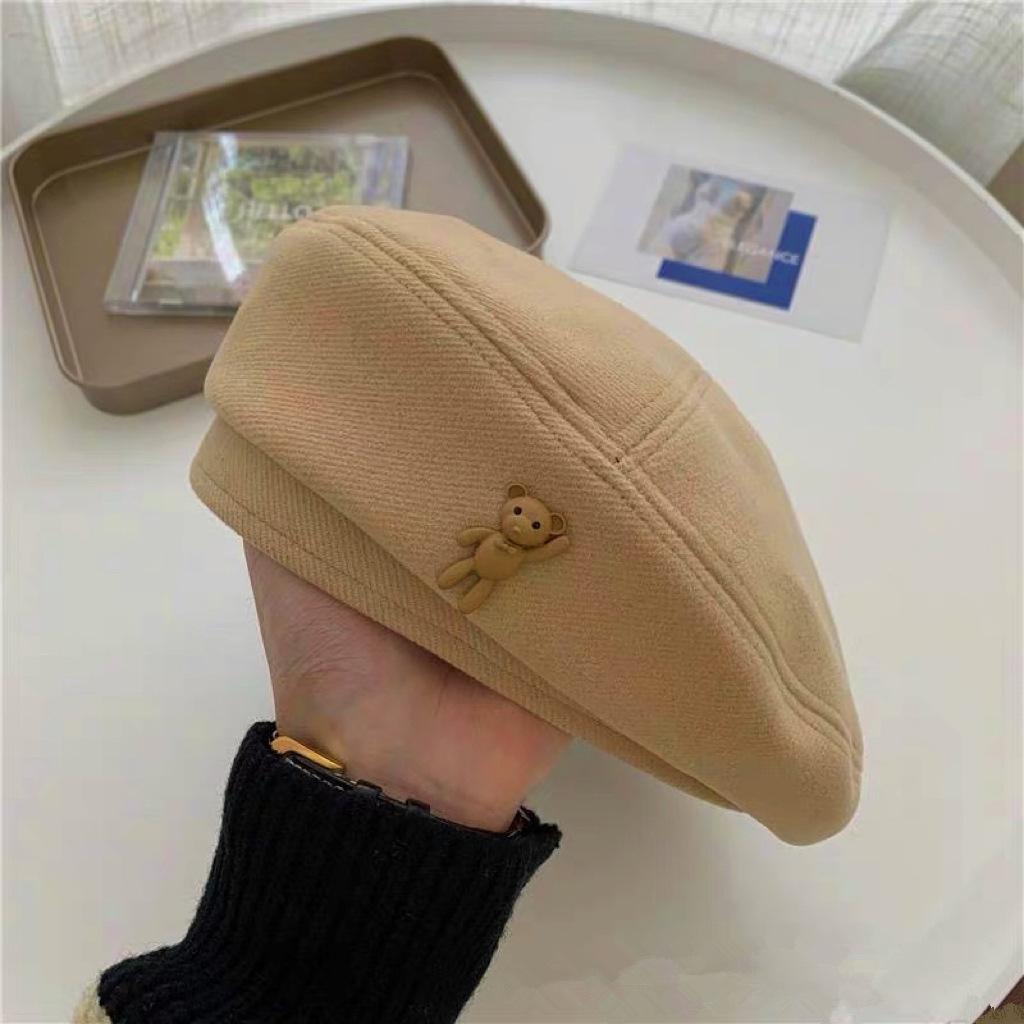 Woolen Beret Woman Shows Face Small Autumn and Winter Baby Bear Retro Cartoon Fashionable Temperament Painter Hat Woman
