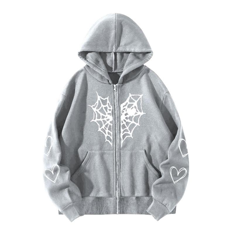 Women S Fall Winter Fleece Hooded Zip Up Cardigan Sweatshirt Spider Web Heart Print