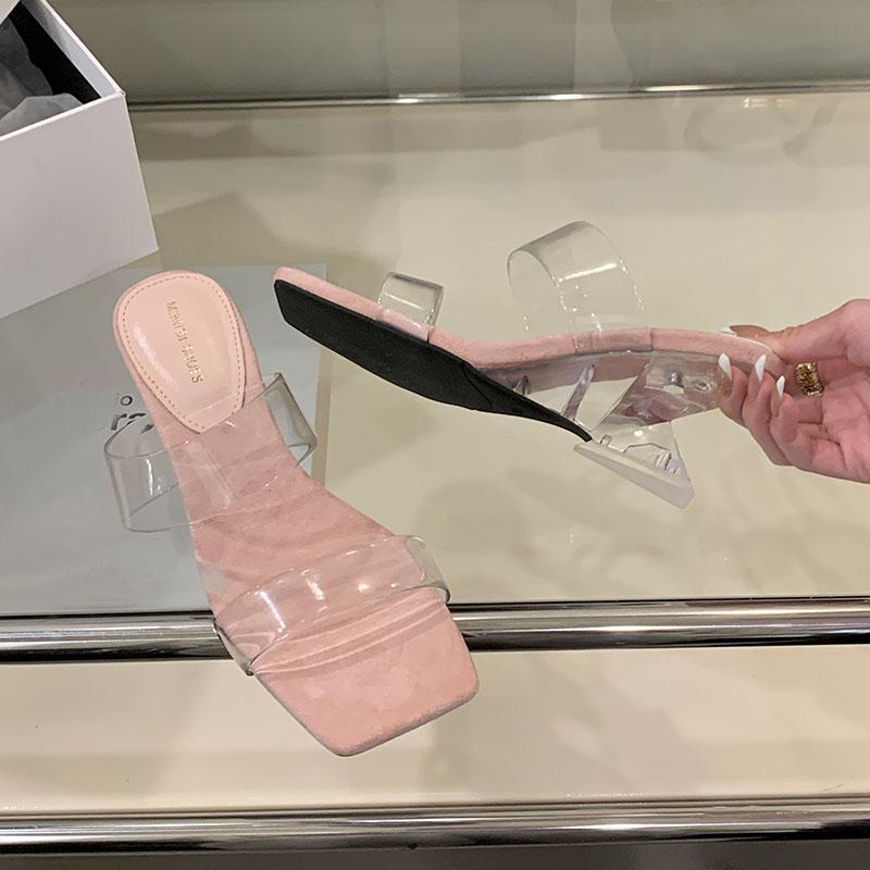 Fashion Fashion Transparent Heels Women Wedges Slippers Shoes Square Toe Ladies Heeled Sandals Slippers Shoes Female Slides Pumps