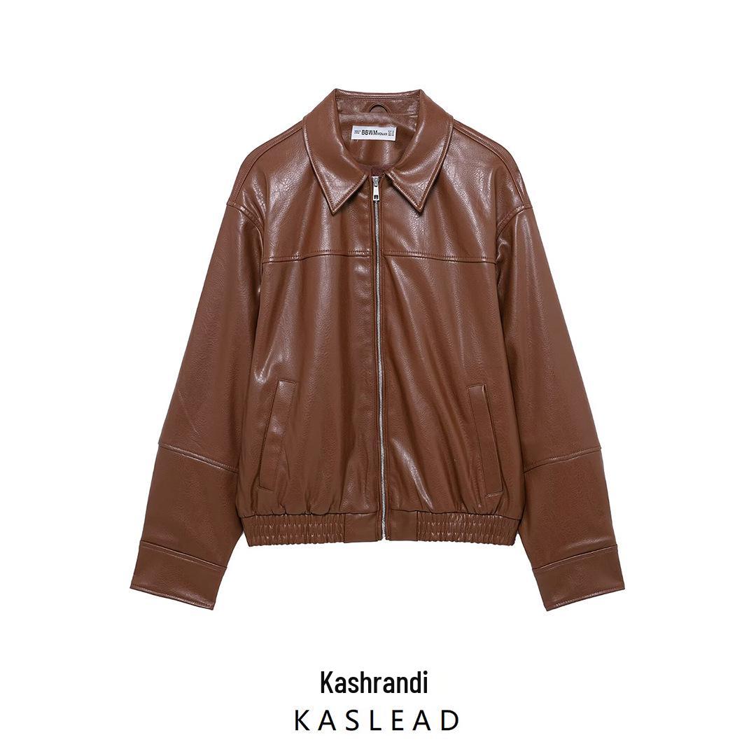 

Spring 2025 Women s European & American Style Faux Leather Bomber Jacket Coat XS коричневий