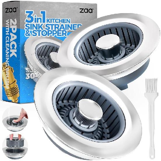 zaa Kitchen Sink Drain Strainer - Kitchen Sink Stopper, Stainless Steel Kitchen Drain Plug & Cover with Anti-Clogging Basket Strainer, Fit US