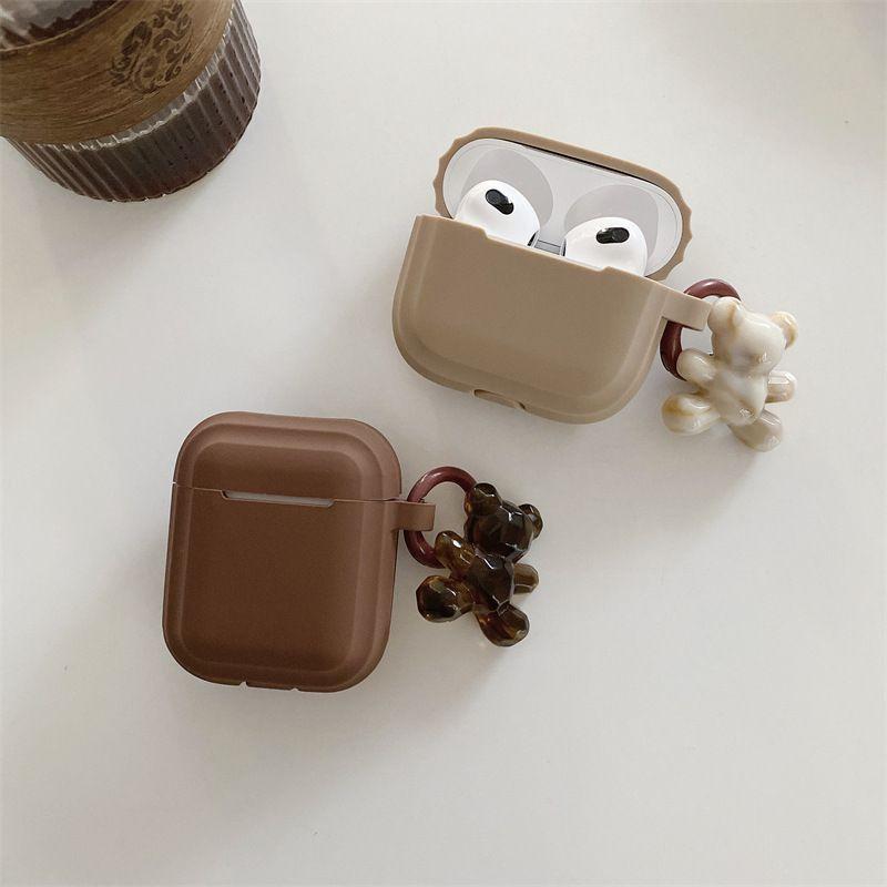 Fashion Chocolate Khaki Case For Apple Airpods Pro Case Soft Silicone Earphone Cover For Airpods 4 3 2 1 Case With Bear Keychain
