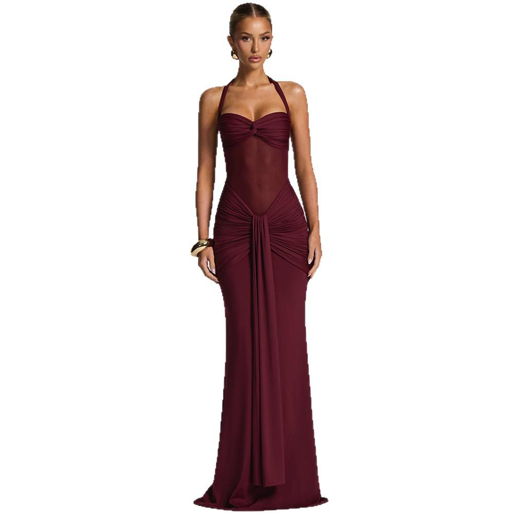 Elegant 2025 Ruched Backless Women's Long Dress with Hip-Wrap Design