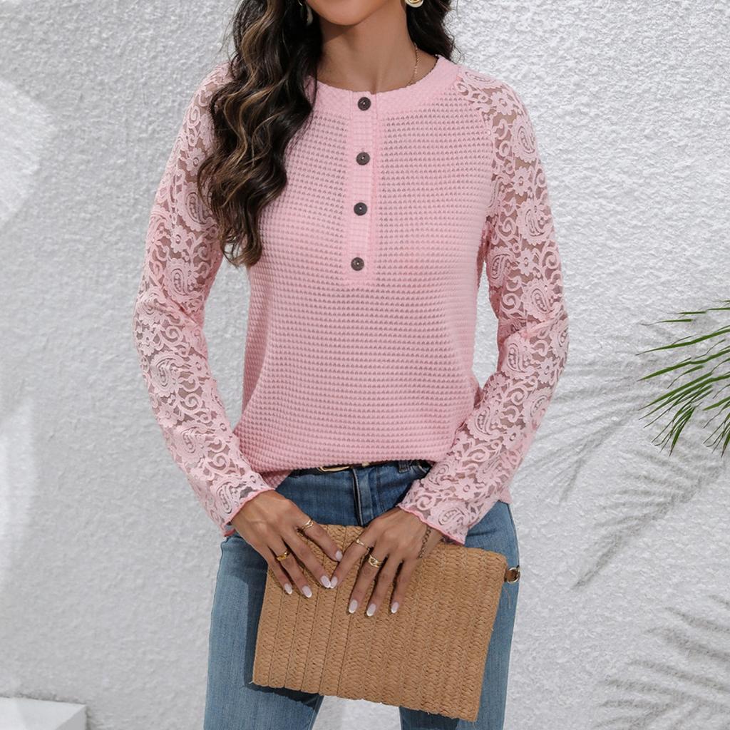 Blouses & Shirts - Women's Top, , Sexy Hollow Out Lace Patchwork Sheer Crew Neck Blouse