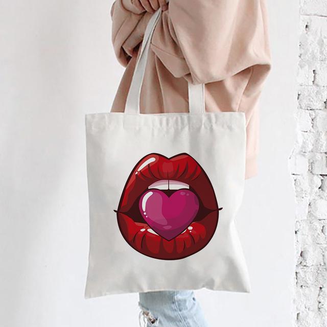 Red Lips Canvas Shoulder Tote Bag For Women Casual Fashion Shopping Bag Large Capacity Handbag Party Travel Orange Best Gifts
