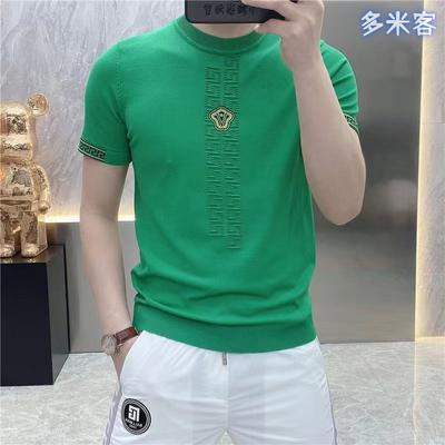 Nova Camiseta Masculina de Seda Gelada de Manga Curta para o Verão Casual Tendência Marca Fina Respirável Gola Redonda Bordada Camiseta de Tricô