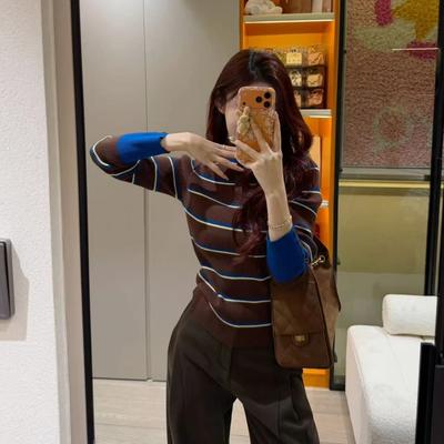 Literary and Artistic Style Contrasting Color Striped Button-knitted Sweater Women's Autumn and Winter Retro Chic Semi-turtleneck Bottoming Top