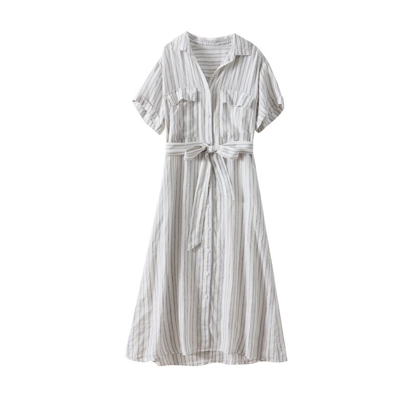 Luxury Summer Linen Dress with Stripes Thin and Comfortable High Quality Womens Fashion