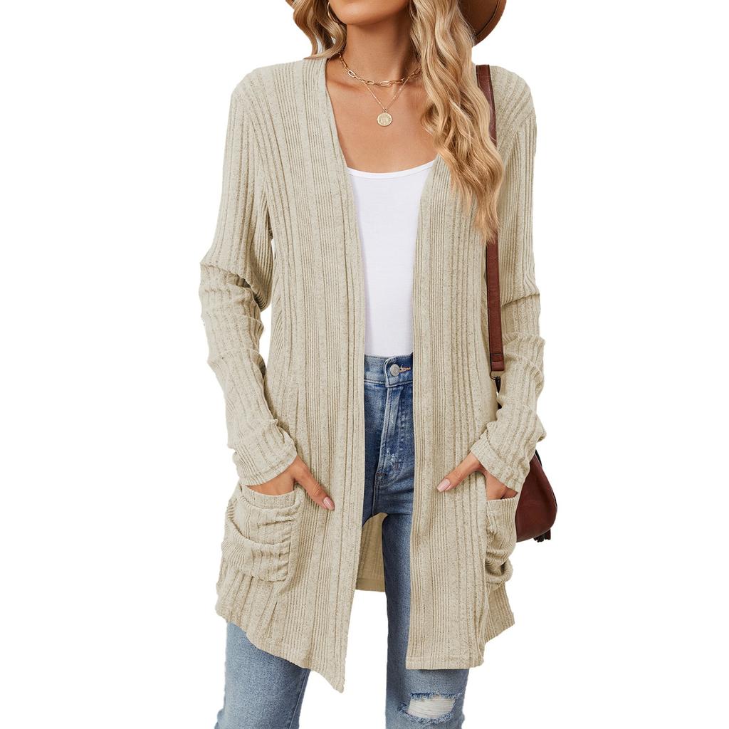 Autumn and Winter New Pit Stripes Long-sleeved Pockets Casual Solid Color Cardigan Jacket Long Cardigan Women Tops Kawaii Sweater