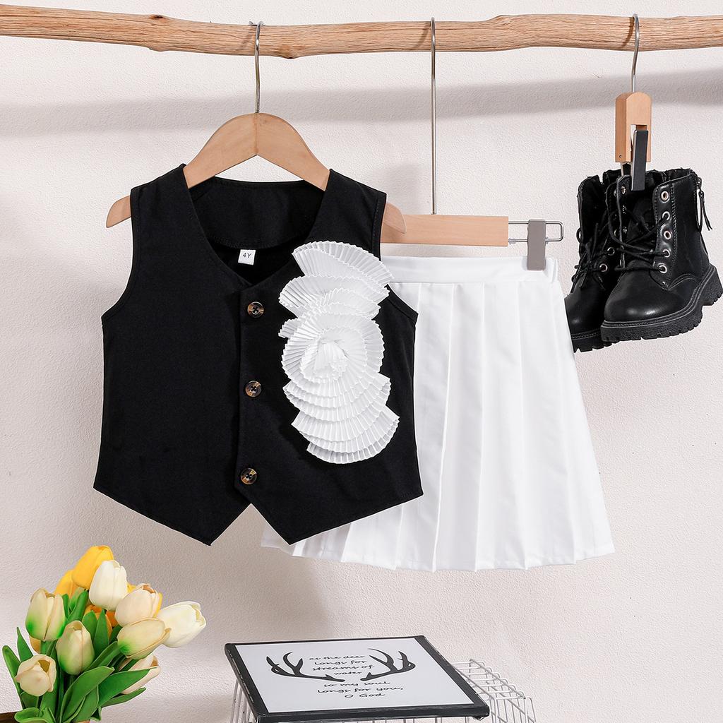 Mädchen Sommer Outfit Satin Floral Schwarz Ärmelloses Top + Rosa Faltenrock College Stil