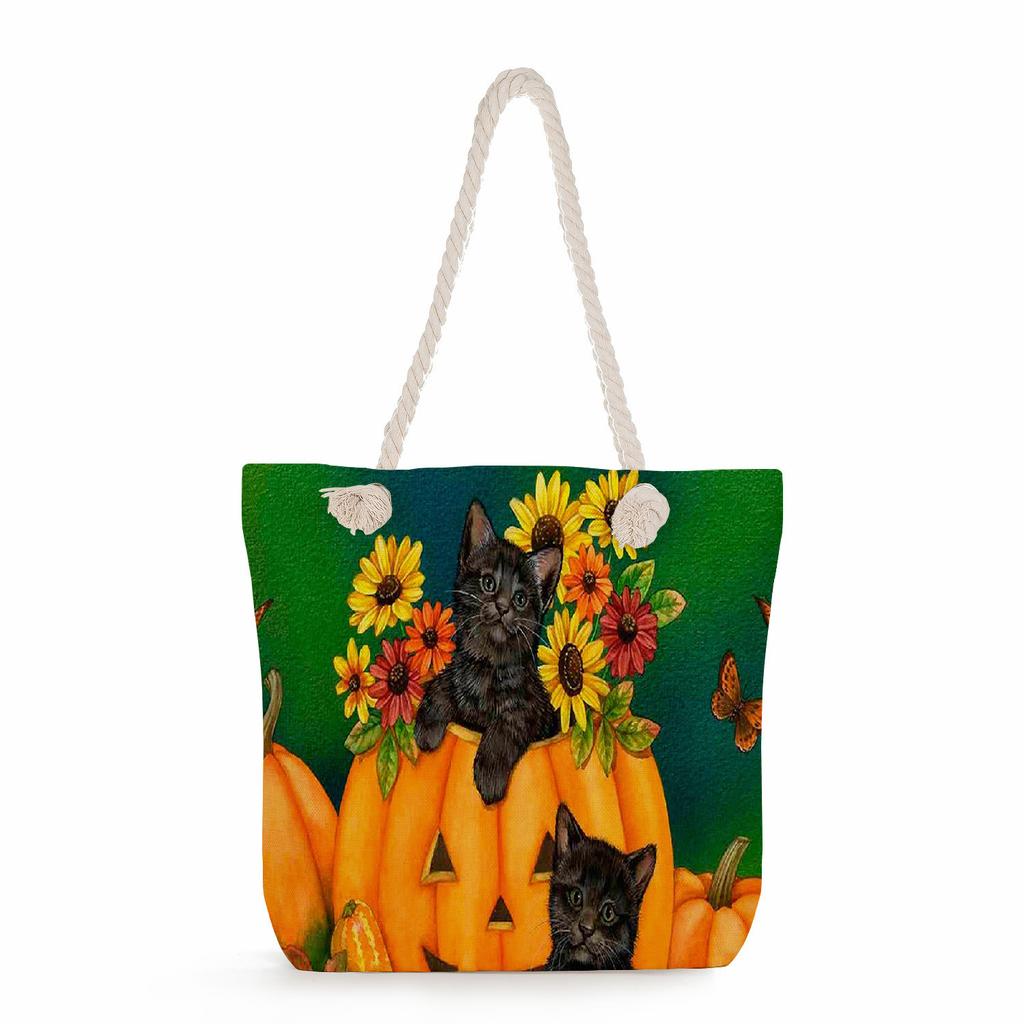 Flower Cat Print Thick Rope Single-shoulder Beach Bag 7269 CLE