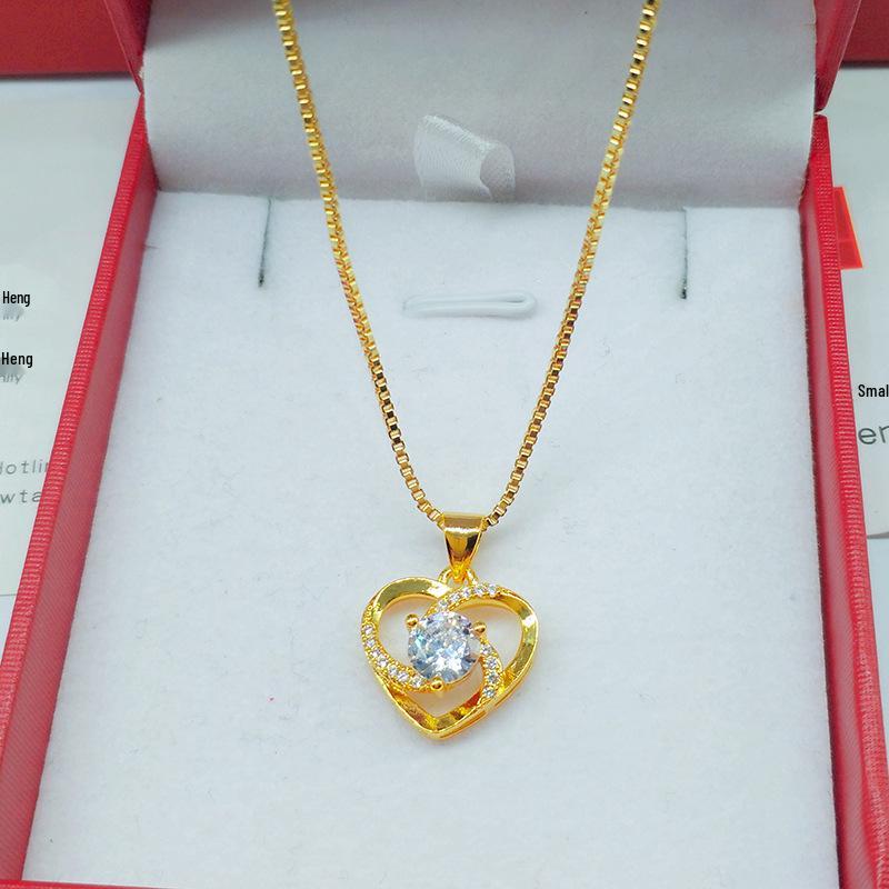 Vietnamese Sand Gold Heart Necklace with Gilded Brass Crown Pendant and Diamond Inlay In Multiple Styles