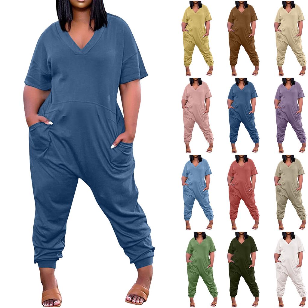Women's Plus Size Loose Casual Short Sleeve V-Neck Solid Pocket Jumpsuit