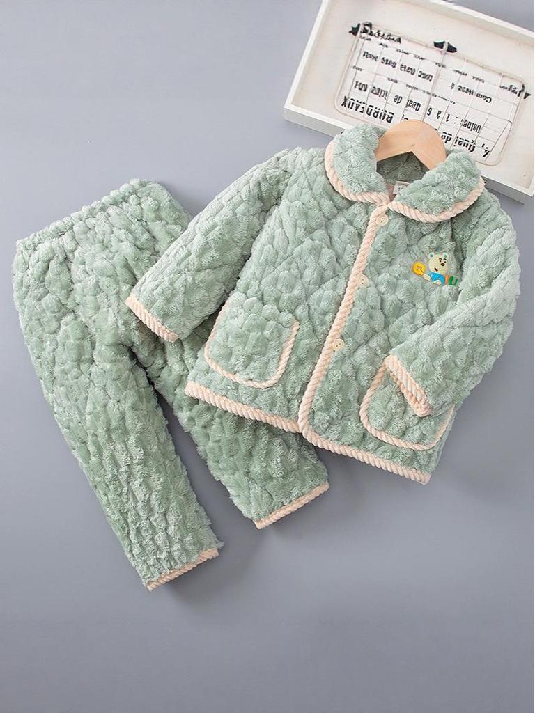 Kids' Autumn/Winter Three-Layer Quilted Pajama Set - Thick Coral Fleece Flannel