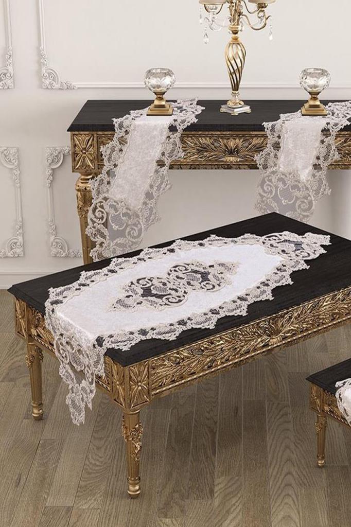Duru Velvet Runner Set 5 Pieces For Living Room, French Lace, Wedding, Home Accessories, Cream