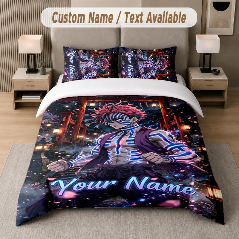 Demon Slayer 3Pcs Bedding Set, Personalized Custom Name Text, 1 Duvet Cover & 2 Pillowcases For Bedroom