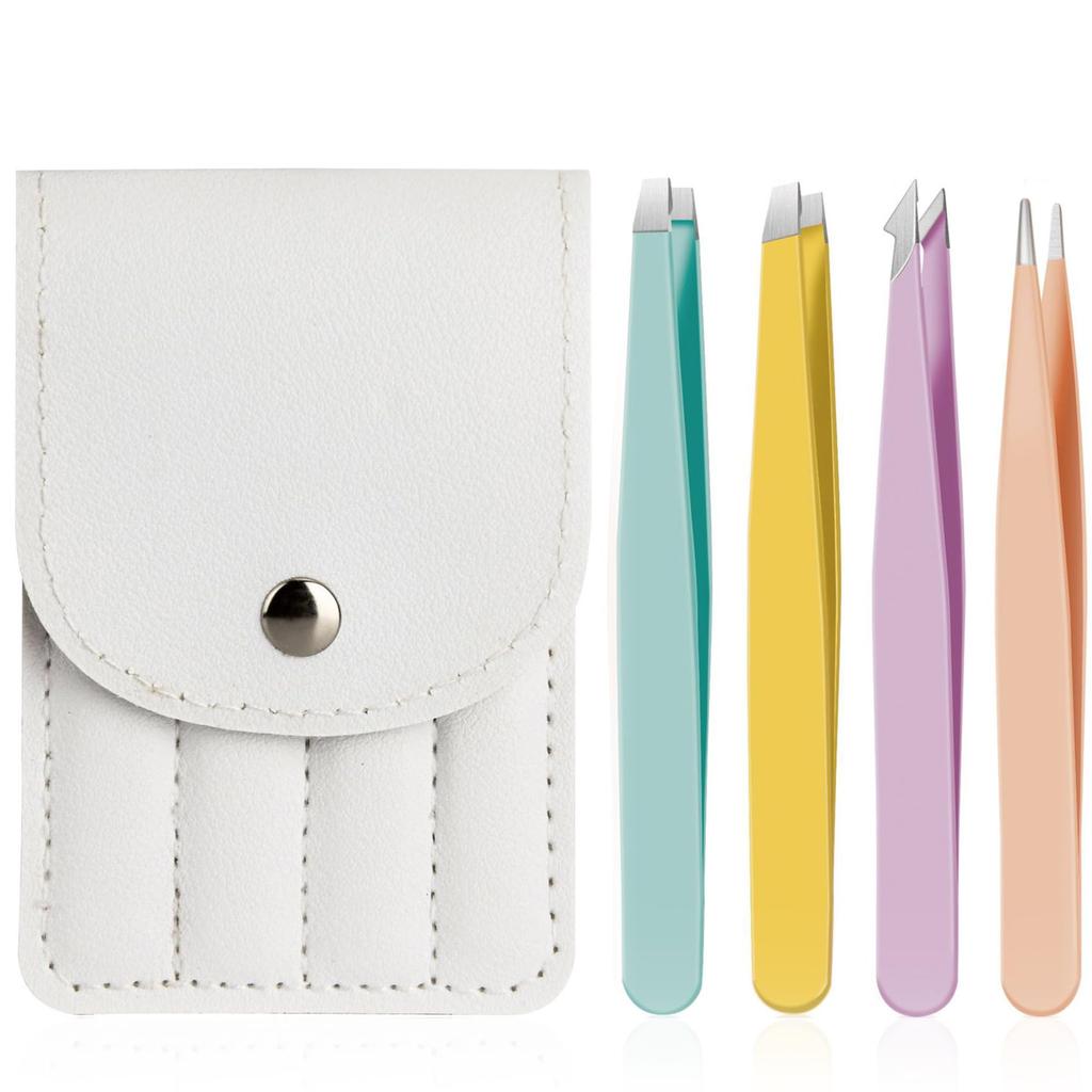 OKAWASI Precision Tweezers Stainless Angled Flat Cosmetic Tweezers for Hair Eyebrow Blackhead Ear Nose Beard with Leather Case 4-Piece Set, Steel,