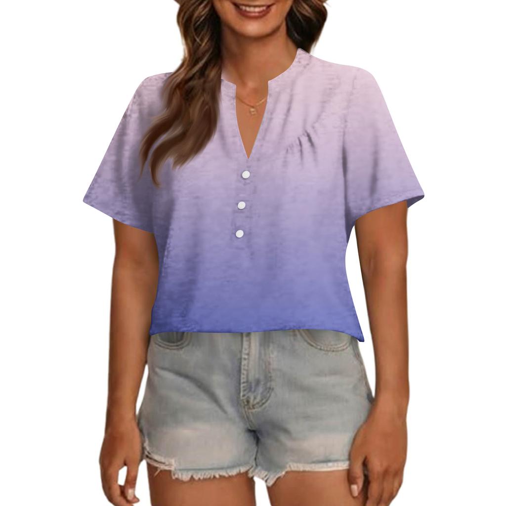 Women's Fashionable Casual V Neck Button Up Oversized Short Sleeve Printed Top