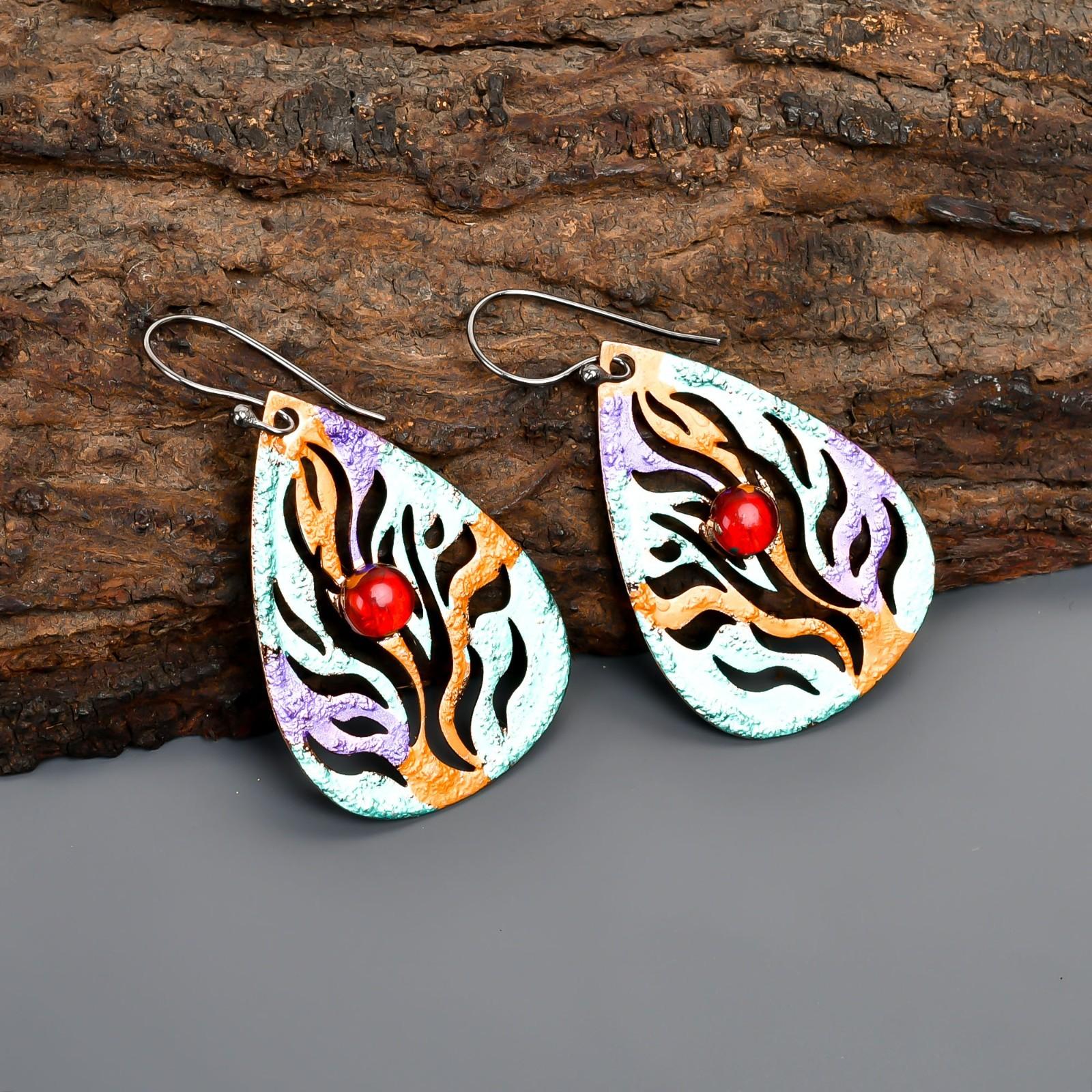 

January Red Garnet Stone Silver Finish Multi Electroformed Drop Earrings Jewelry V-98