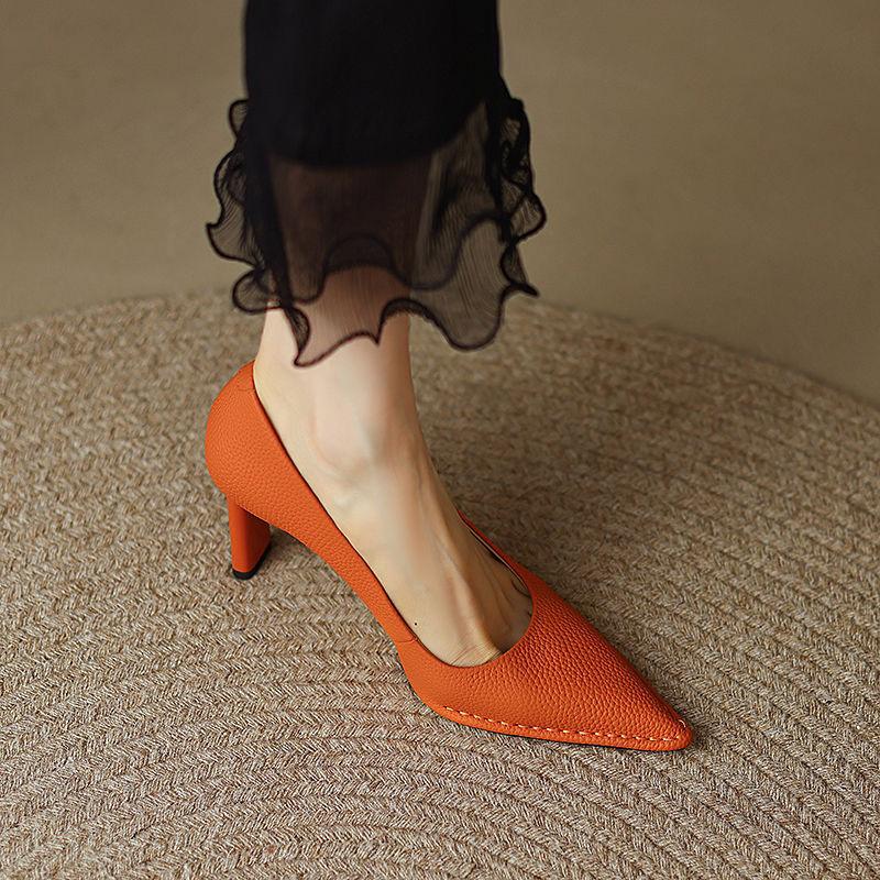 Fashion Block Heel Single Shoes Autumn New Pointed Toe Shallow Mouth Car Stitch Anti-Slip Wear-Resistant High Heels