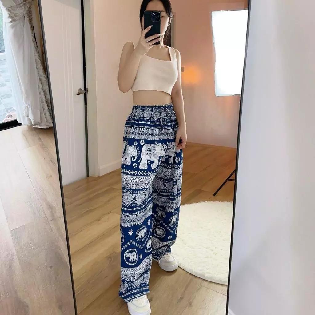 Elephant Pants Women Men Unisex Premium Japanese Silk Print Thailand Casual Streetwear Beach Bohemian Retro Vintage Adjustable Rope Loose Legs