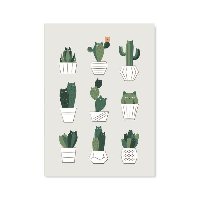 Nordic Animal Posters and Printed Canvas Paintings, Cat and Green Plant Walls, Art Plant Pictures, Children's Room