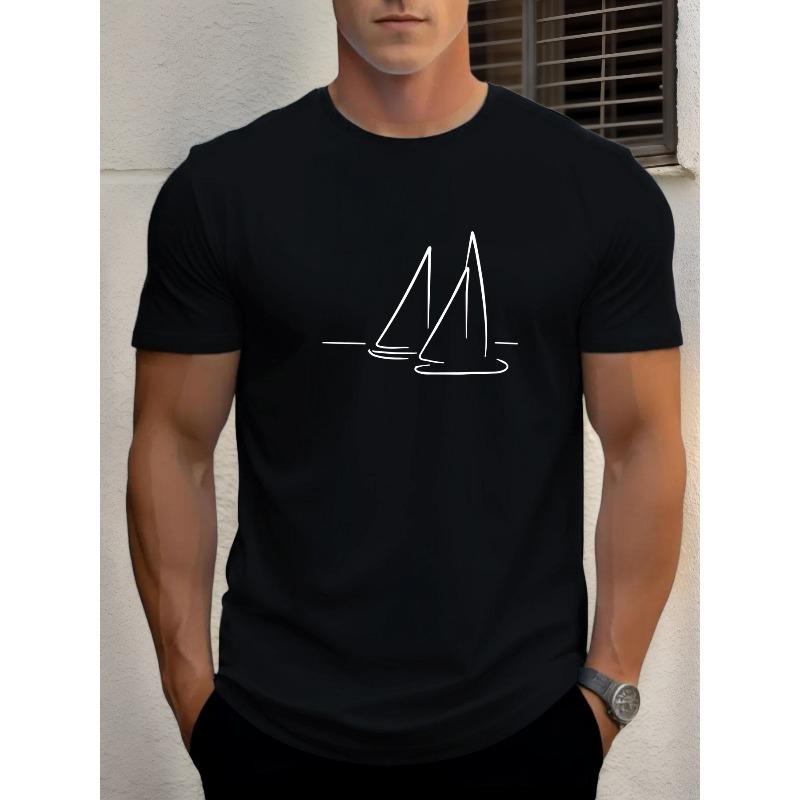 Men'S Summer Casual Round Neck Fashionable Short-Sleeve  T-Shirt with a Sailboat Pattern