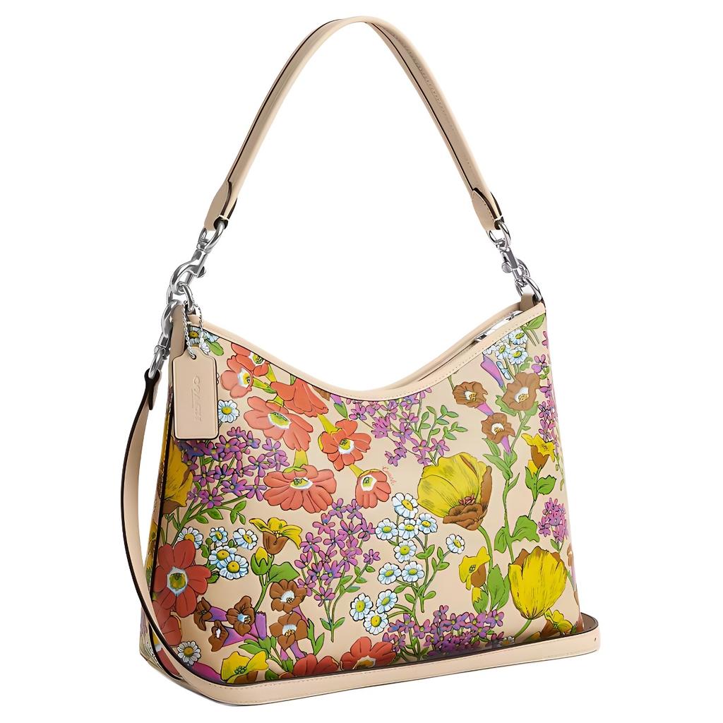 Coach Borsa a Spalla Tote in Pelle Liscia con Stampa Floreale Laurel 31 Grande da Donna Argento Avorio Multicolore CT222-SVIO