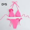 2Pcs/Set Women Bikini Set Lace-up Halter Padded Bra Swimming Trunks Set 3D Flower Decor Beach Style Swimwear