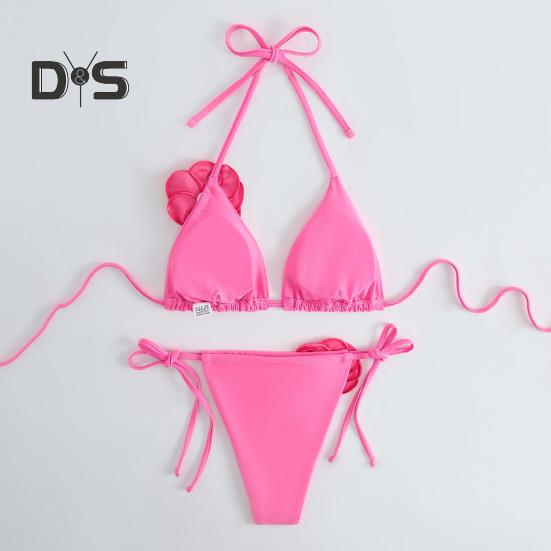 2Pcs/Set Women Bikini Set Lace-up Halter Padded Bra Swimming Trunks Set 3D Flower Decor Beach Style Swimwear