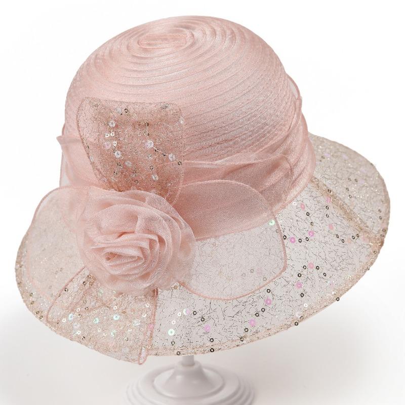 Women Mesh Sequin Formal Hat Handmade Floral Decoration Wide Brim Elegant Party Wedding Sun Shade Cap